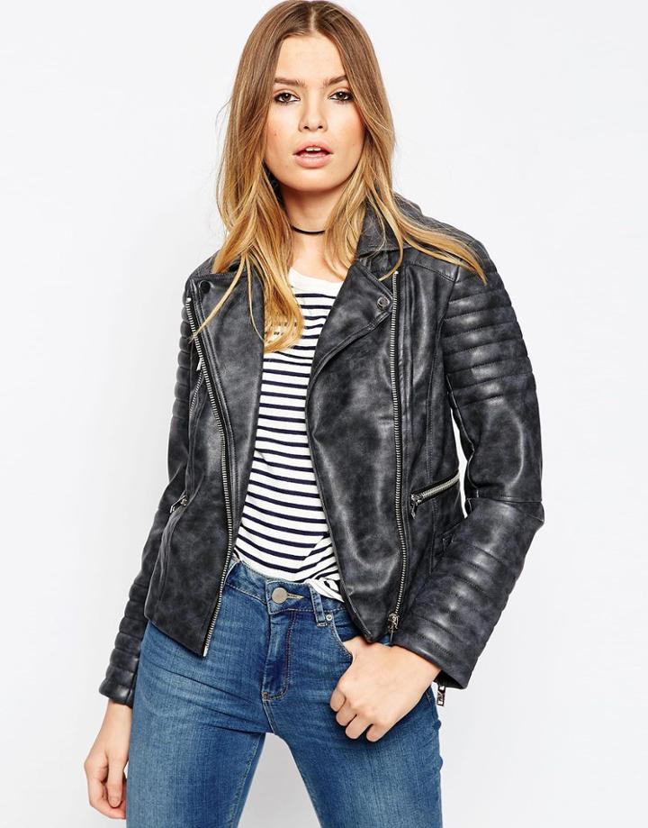Asos Biker Jacket In Washed Pu - Charcoal