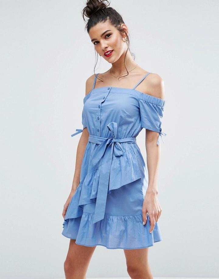 Asos Off Shoulder Ruffle Hem Sundress - Blue