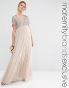 Maya Maternity V Neck Maxi Tulle Dress With Tonal Delicate Sequins - Beige