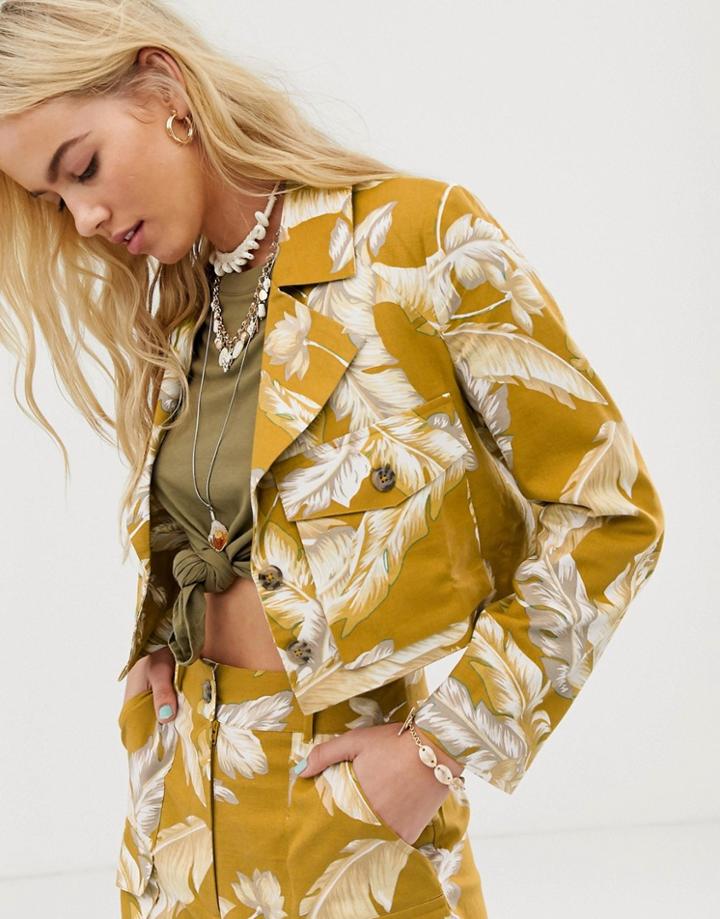 Asos Design Tropical Print Linen Cropped Suit Blazer - Multi