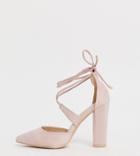 Glamorous Wide Fit Blush Block Heeled Tie Up Pumps