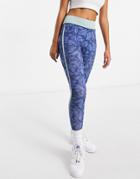 Luxe Palm Long Leggings With Contrast Waistband & Side Piping Blue Print-blues
