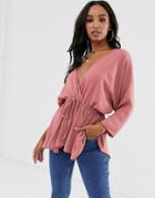 Asos Design Batwing Sleeve Top With Tie Waist - Clear