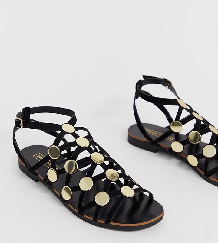 River Island Caged Flat Sandal With Studs In Black - Black