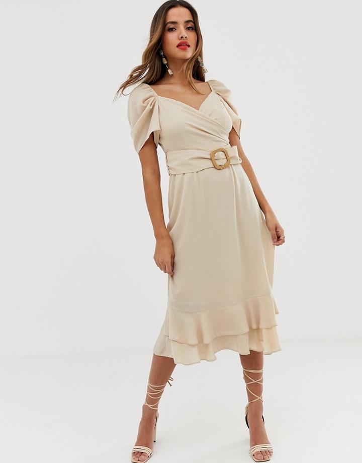 Asos Design Wrap Double Layer Midi Dress With Belt-cream