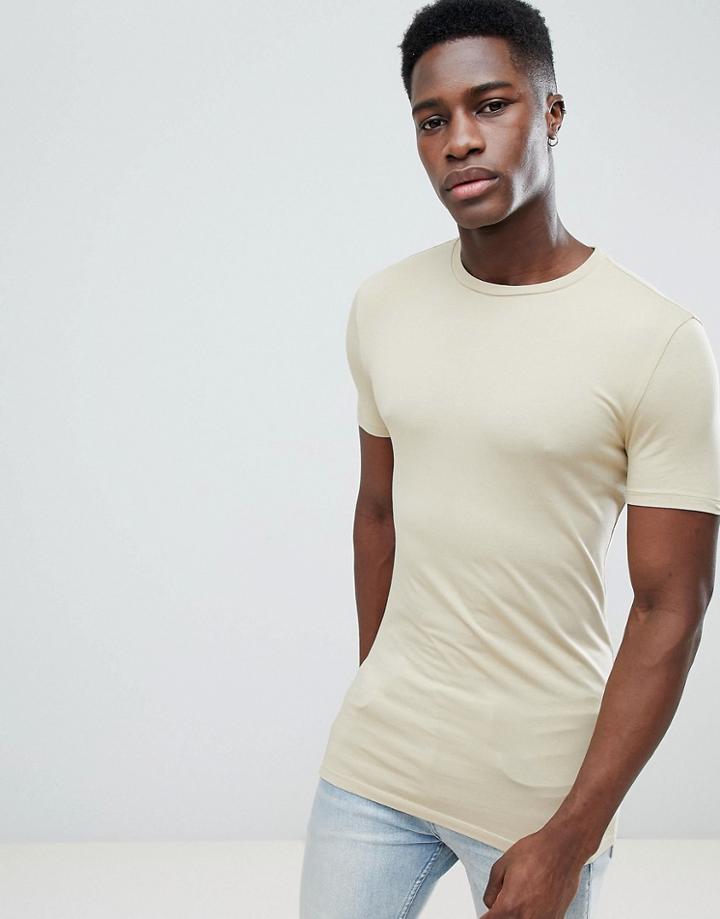Asos Design Longline Muscle Fit Crew Neck T-shirt With Stretch In Beige - Beige