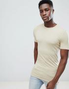 Asos Design Longline Muscle Fit Crew Neck T-shirt With Stretch In Beige - Beige