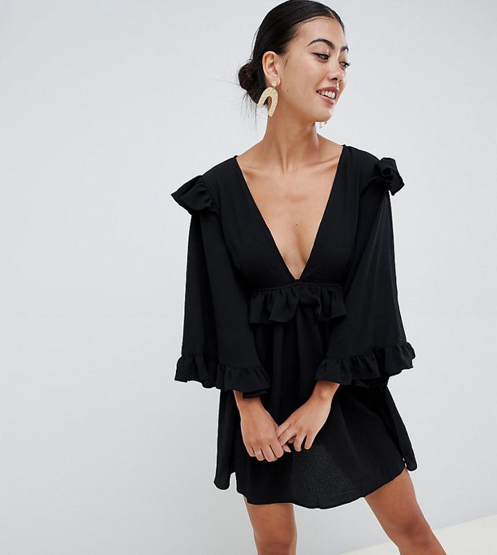 Boohoo Petite Plunge Ruffle Detail Skater Dress In Black - Black