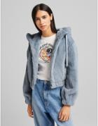 Bershka Faux Fur Hooded Jacket In Blue-blues