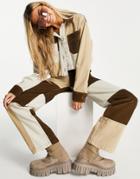Topshop High-waisted Straight Leg Pant With Cord Patchwork In Khaki & Ecru - Part Of A Set-multi
