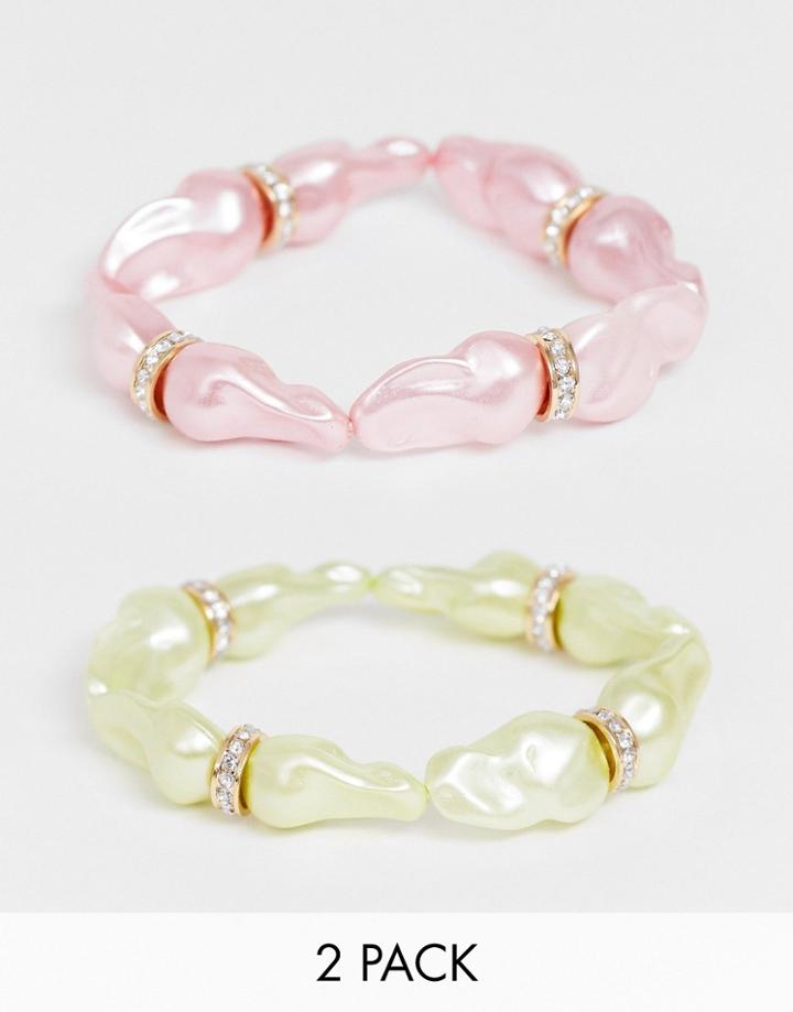 Asos Design Pack Of 2 Stretch Bracelets With Colored Pearl And Wrapped Stones - Multi