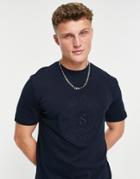 River Island Slim Coin Embroidered T-shirt In Navy