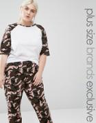 One Day Plus Contrast Raglan Tee In Camo - Multi