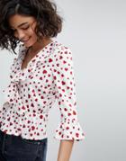 Vero Moda Heart Print Wrap Ruffle Top - Multi