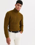 Asos Design Heavyweight Fisherman Rib Roll Neck Sweater In Khaki
