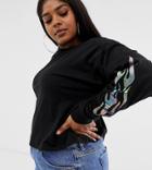 Asos Design Curve Long Sleeve T-shirt With Foil Flame Sleeve - Black