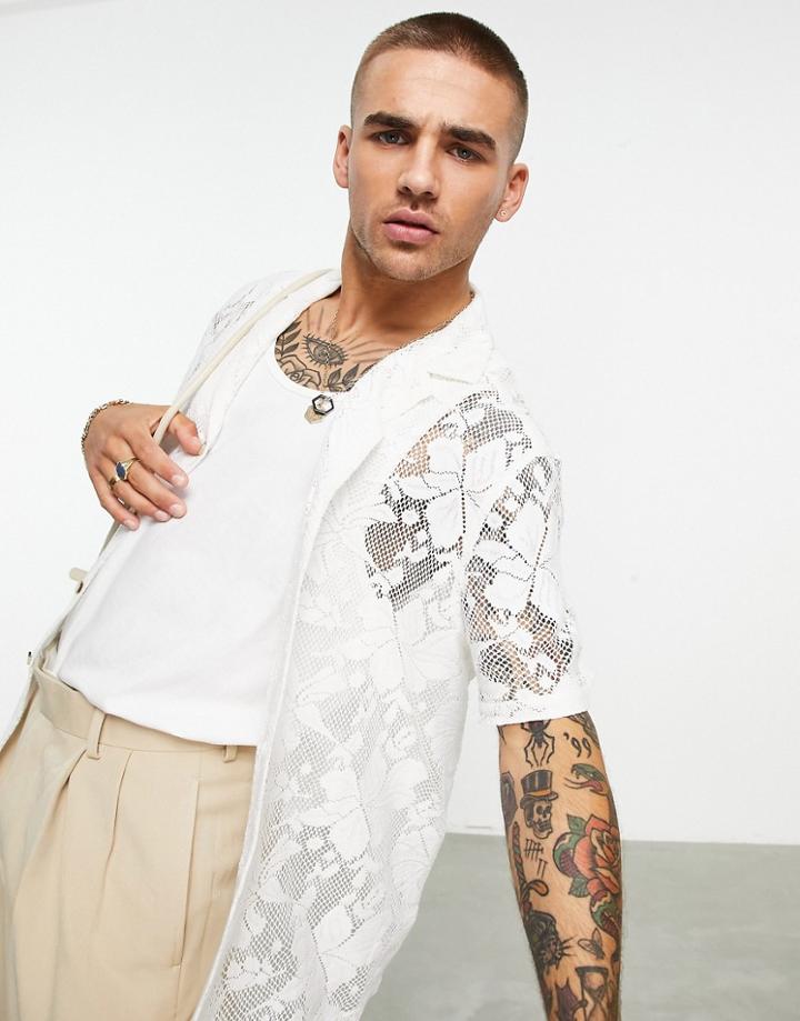 Asos Design Relaxed Shirt With Deep Camp Collar In White Floral Lace
