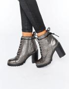 Office Ammo Pewter Leather Chunky Lace Up Heeled Ankle Boots - Silver