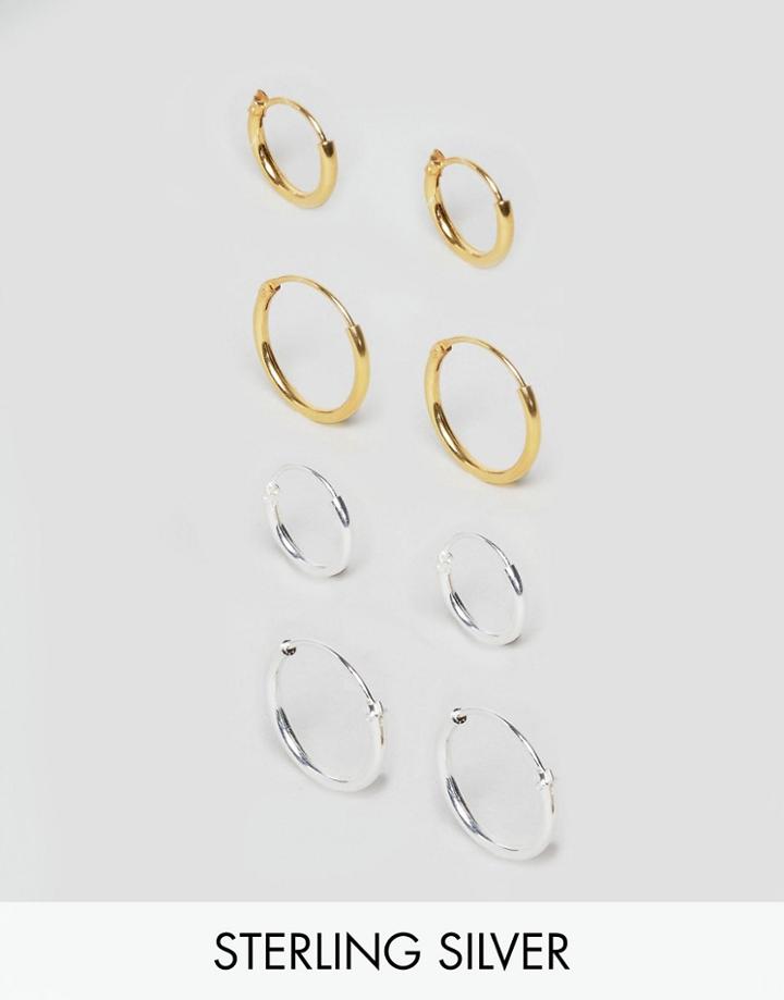Asos Sterling Silver Hoop Earring Pack In Mixed Plating - Silver