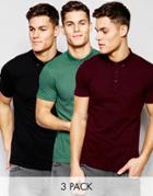 Asos Pique Polo 3 Pack Black/ Burgundy/ Green Save 19% - Multi