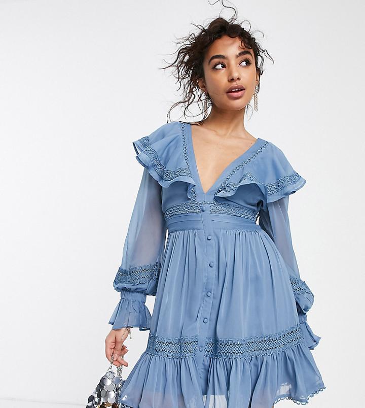 Asos Design Petite Lace Insert Mini Dress With Ruffle Detail And Button Up-blue