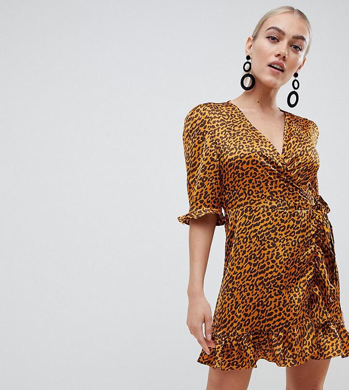 Boohoo Petite Animal Print Satin Wrap Dress In Multi - Multi