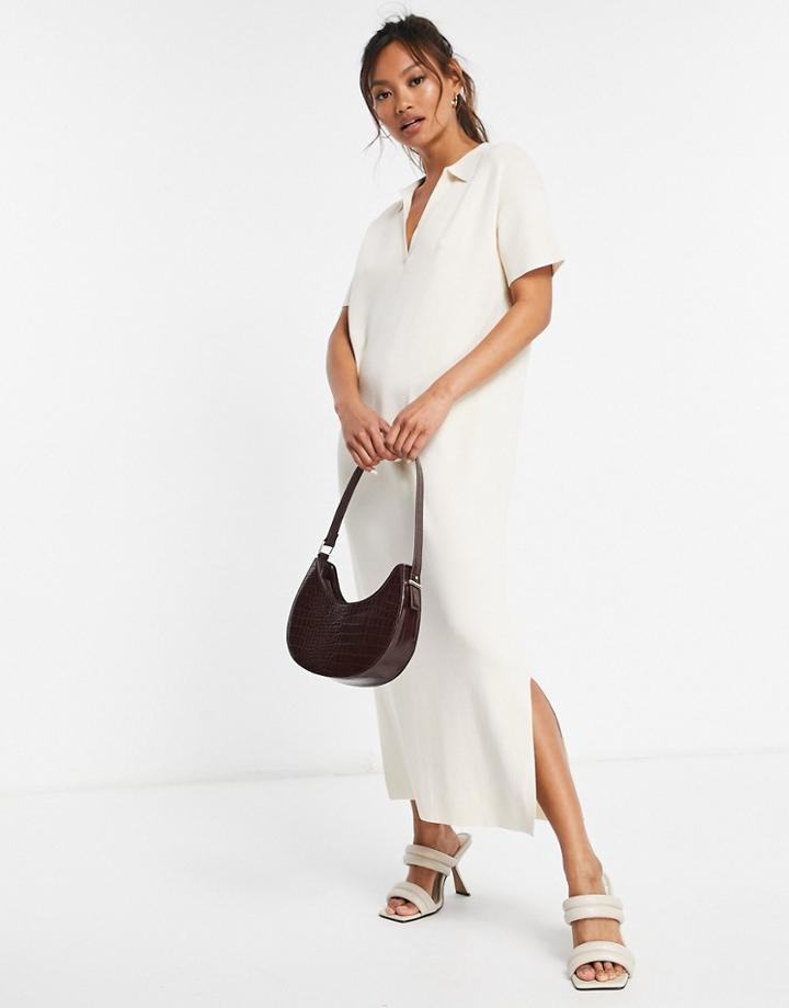 Pretty Lavish Collared Knit Shirt Midi Dress In Ecru-white