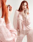 Never Fully Dressed Tie Front Ruffle Satin Blouse In Tonal Tile Print - Part Of A Set-pink