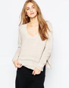 Asos Ultimate Chunky V Neck Sweater With Stitch Detail - Stone