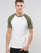 Asos Muscle T-shirt With Contrast Raglan Sleeves In Ecru/green - White