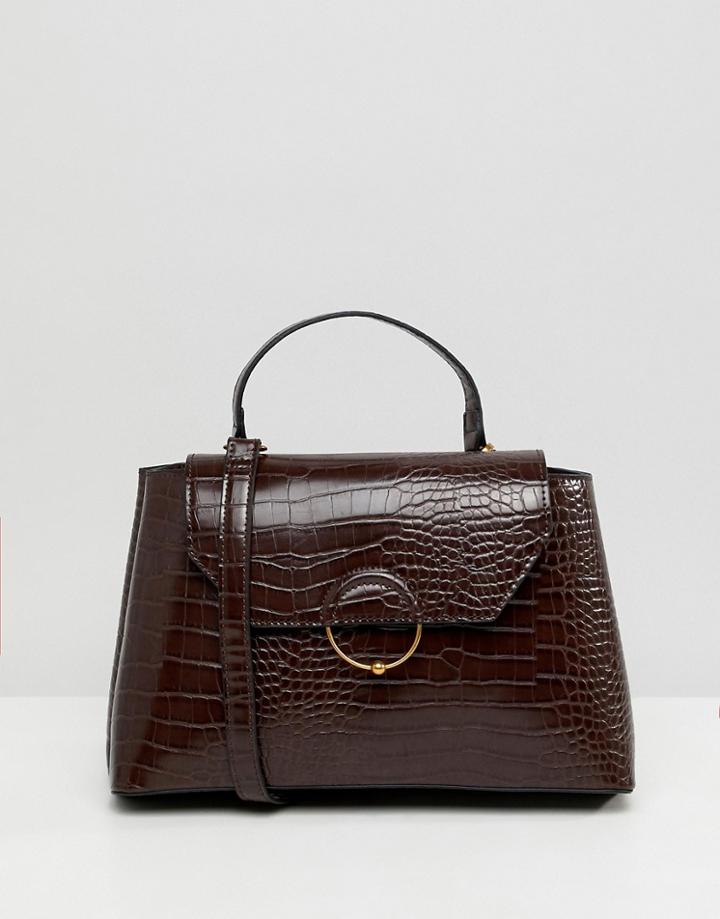 Asos Design Croc City Bag With Ring Ball Detail - Brown