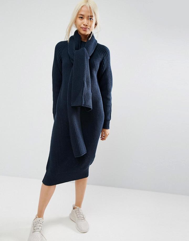Asos White Chunky Knit Midi Dress With Scarf Tie Detail - Red