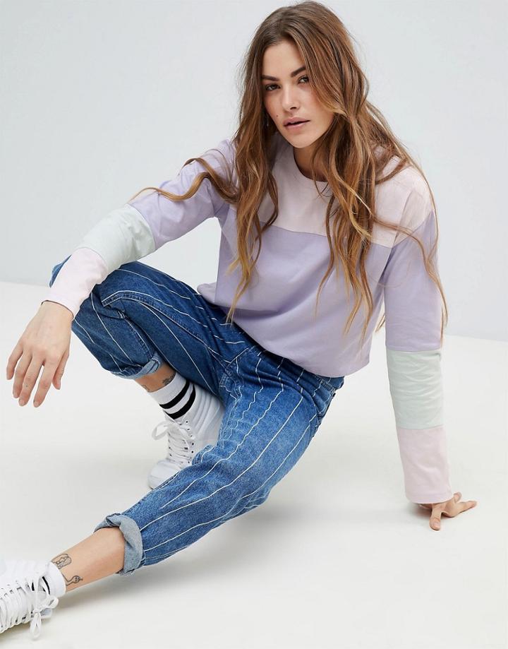 Asos Design Crop T-shirt With Long Sleeve In Pastel Color Block - Multi