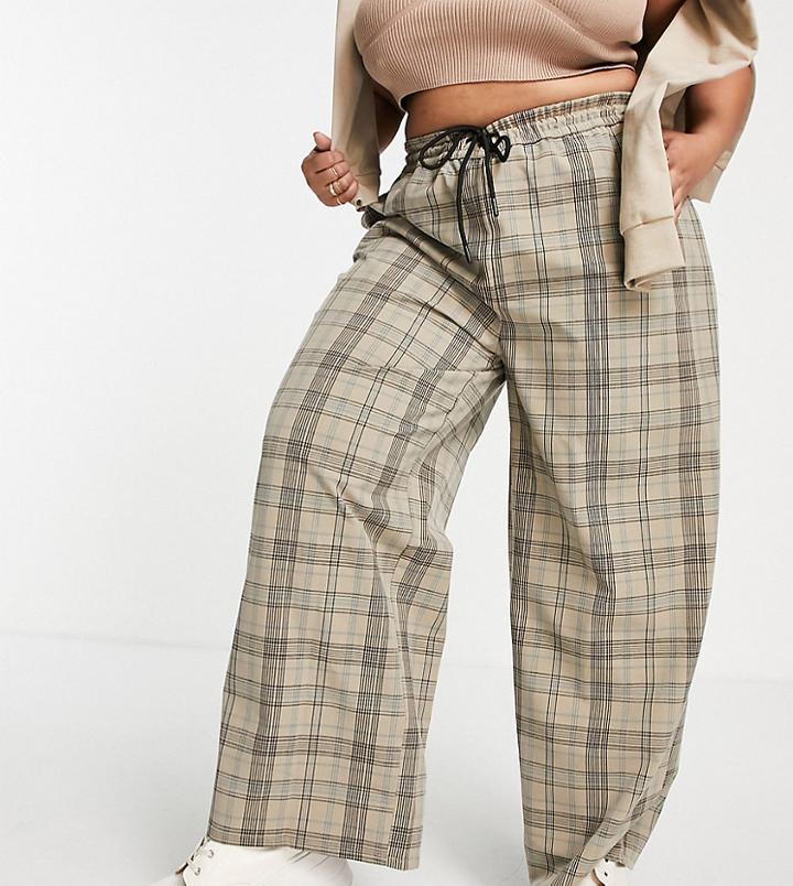Noisy May Curve Tie Waist Wide Leg Pants In Beige Check-neutral