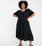 Only Curve Organic Cotton Tea Dress With Puff Sleeve In Black