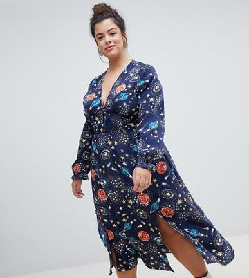 Neon Rose Plus Midi Tea Dress In Celestial Print - Multi
