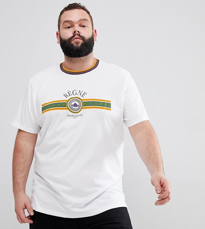 Asos Design Plus T-shirt With Emblem Print And Contrast Neck Trim - White