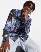 Asos Design 90s Oversized Satin Shirt In Cosmic Floral Print-black