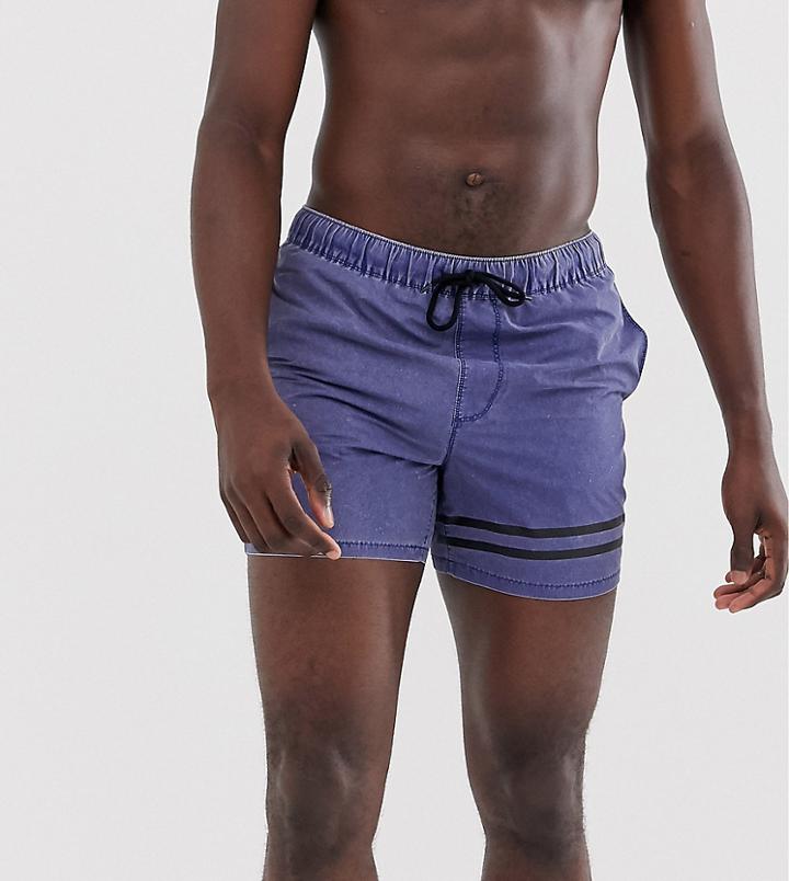 Asos Design Tall Swim Short In Blue Acid Wash With Leg Stripes Short Length