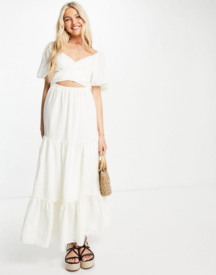 Skylar Rose Puff Sleeve Tiered Maxi Dress With Tie Back In Cream-white