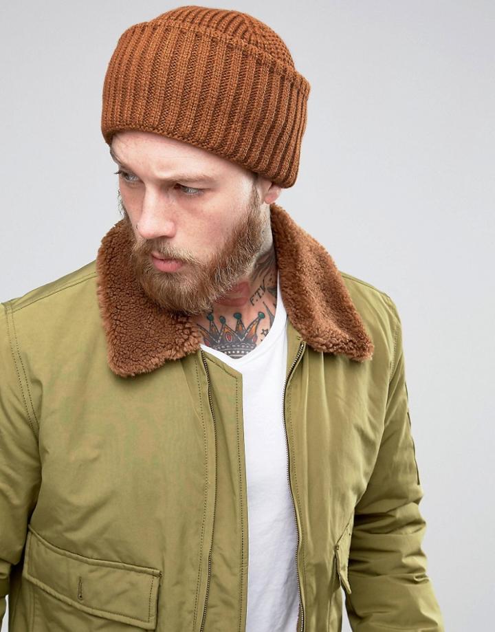 Asos Ribbed Fisherman Beanie In Tobacco - Tan