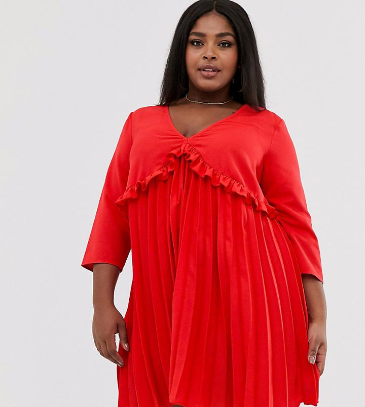 Asos Design Curve Pleated Smock Mini Dress-red