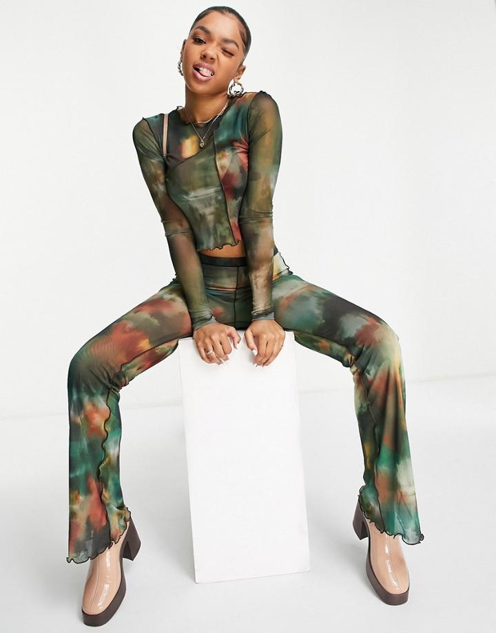 Pull & Bear Mesh Pants In Mutli Print With Lettuce Edge - Part Of A Set-multi