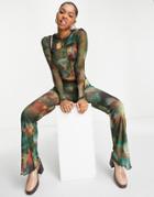 Pull & Bear Mesh Pants In Mutli Print With Lettuce Edge - Part Of A Set-multi
