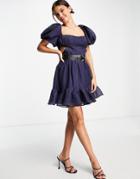 Asos Design Voile Mini Dress With Pleated Bodice And Pu Belt-navy