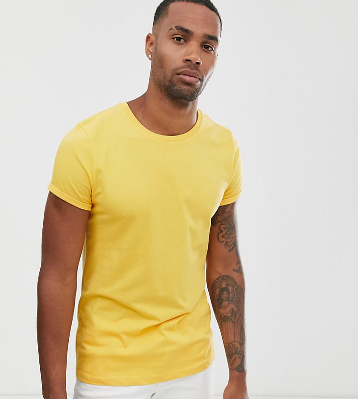 Asos Design Tall T-shirt With Crew Neck And Roll Sleeve In Yellow