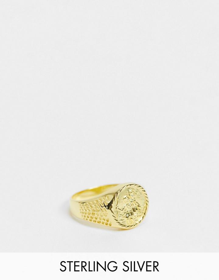 Asos Design Sterling Silver Signet Ring With St Christopher In 14k Gold Plate