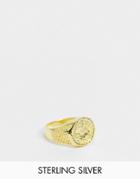 Asos Design Sterling Silver Signet Ring With St Christopher In 14k Gold Plate