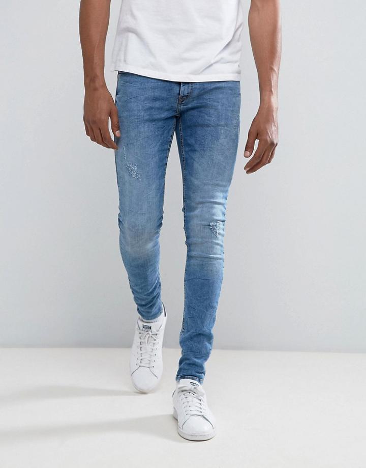 Blend Lunar Super Skinny Jean Ripped Mid Blue Wash - Blue