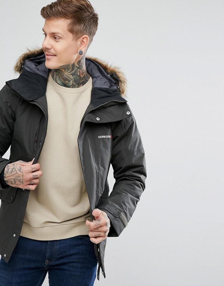 Didriksons 1913 Marc Parka In Gray With Faux Fur Collar In Gray - Green